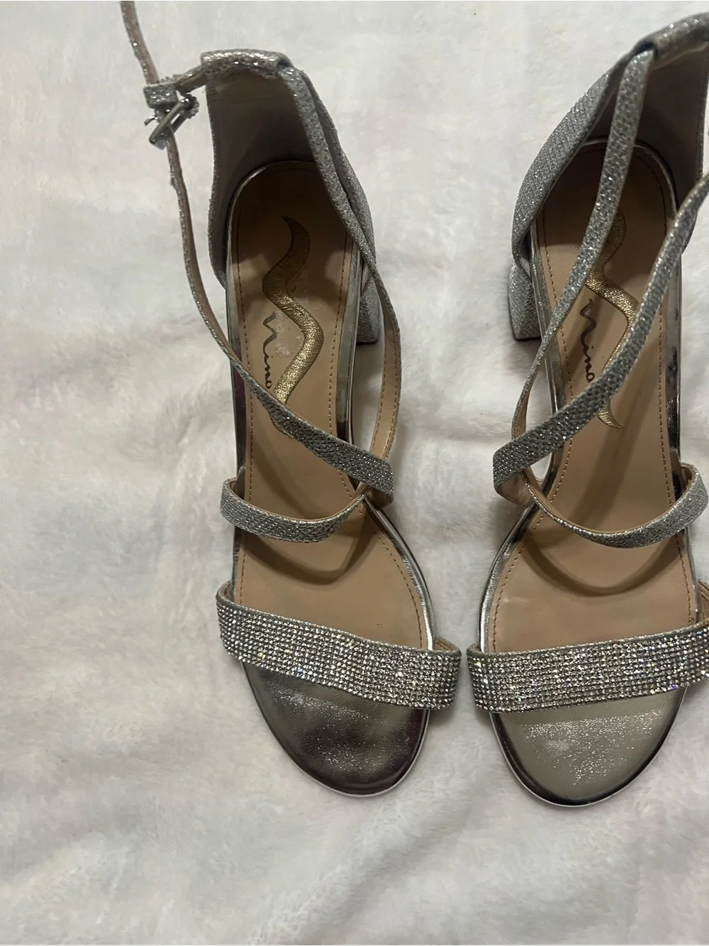 Nina Silver Rhinestone Strappy Block Heel Sandals